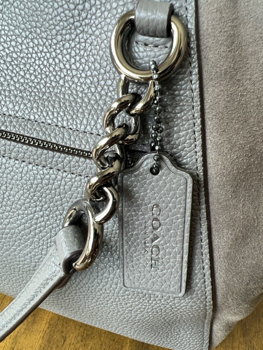 Coach -Gray Pebbled Leather Satchel with Suede and Chain Detail - Picture 9 of 17